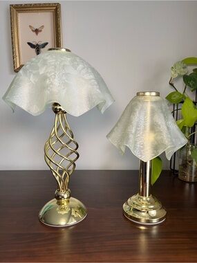 Set of 2 PartyLite Gold Brass Lamps with Frosted Pearl Shade Hollywood Regency